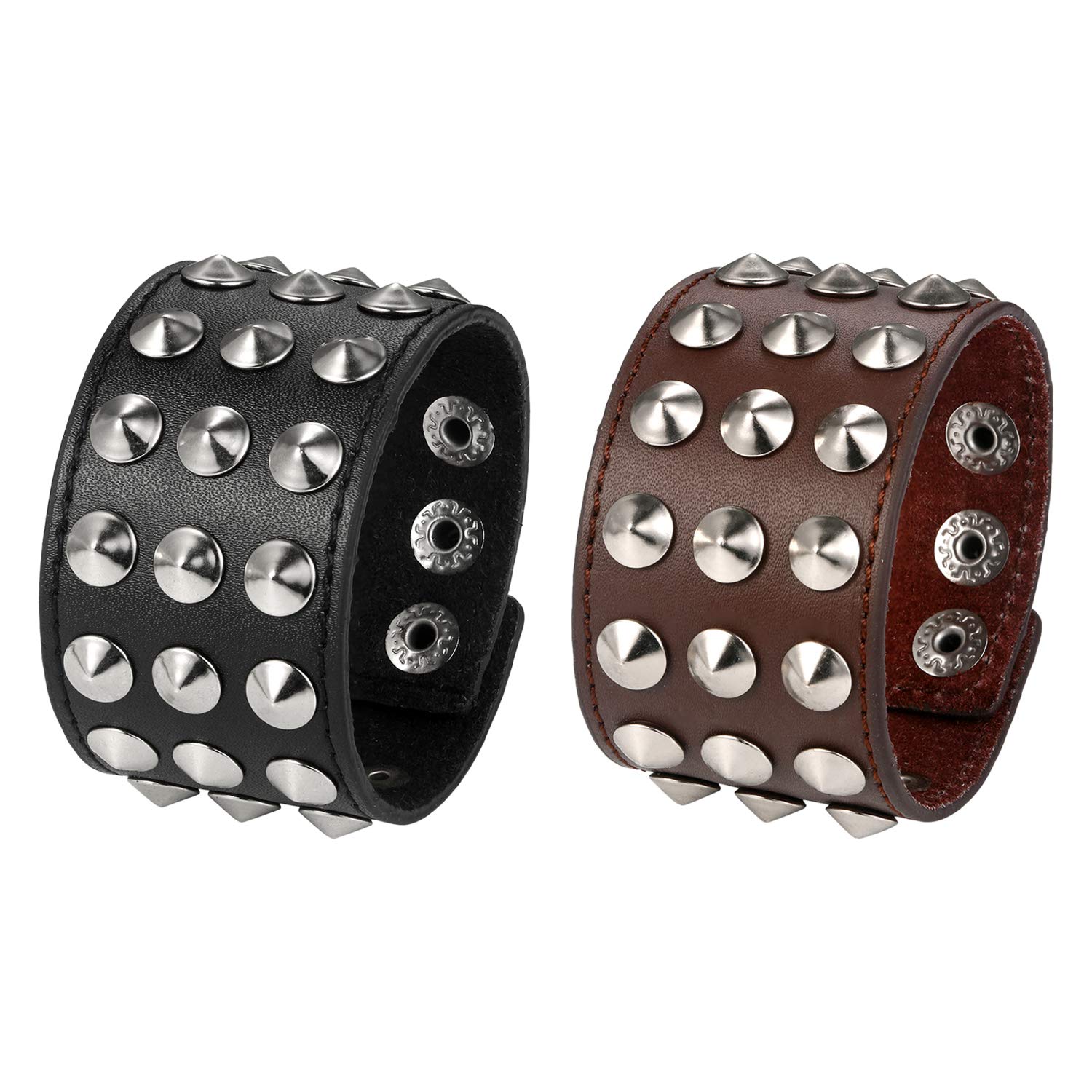 JewelryWe 2PCS Men's Spike Studded Punk Rock Style Leather Wide Cuff Bracelet,Adjustable