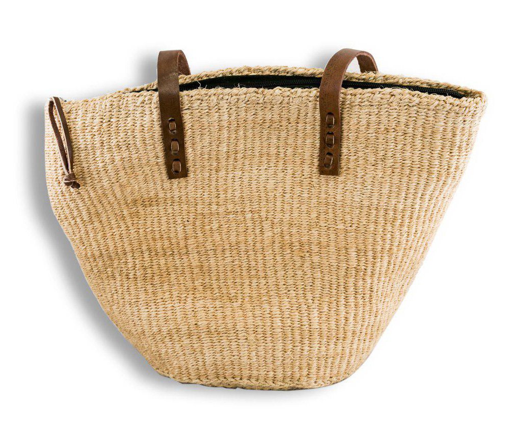 Vurmashop Handmade Beige Sisal Tote Bag with Leather Handles | Boho Chic Artisan Bag | Vintage Beach Basket for Summer and Everyday Use | Large Lightweight and Durable Handwoven Bag