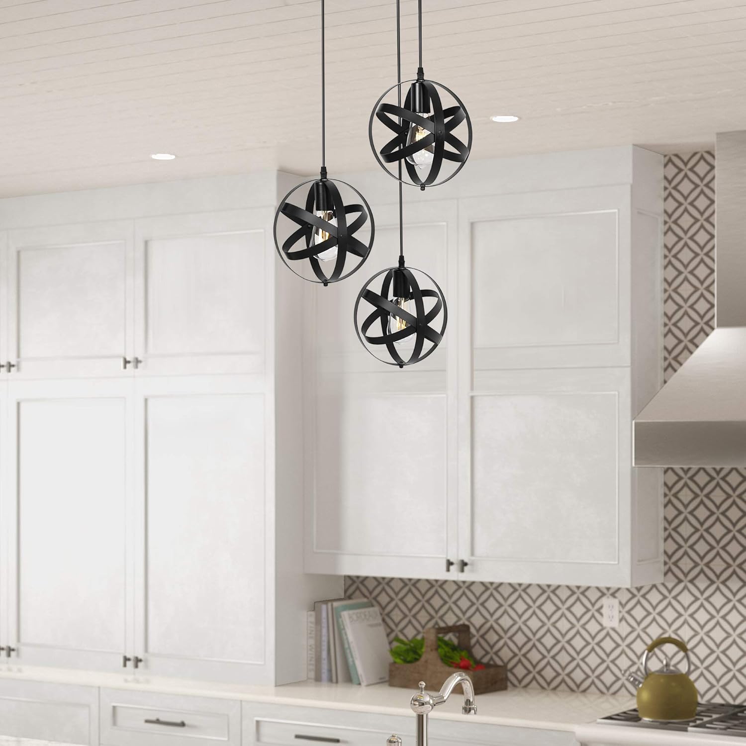3-Light Black Pendant Lighting Farmhouse Globe Chandelier Rustic Hanging Lighting Fixture for Kitchen Island Dining Room Living Room Bedroom Foyer - - 