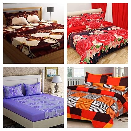 RS Home Furnishing Glace Cotton Double Bedsheet with 8 Pillow Covers (Multicolour) - Combo Set of 4