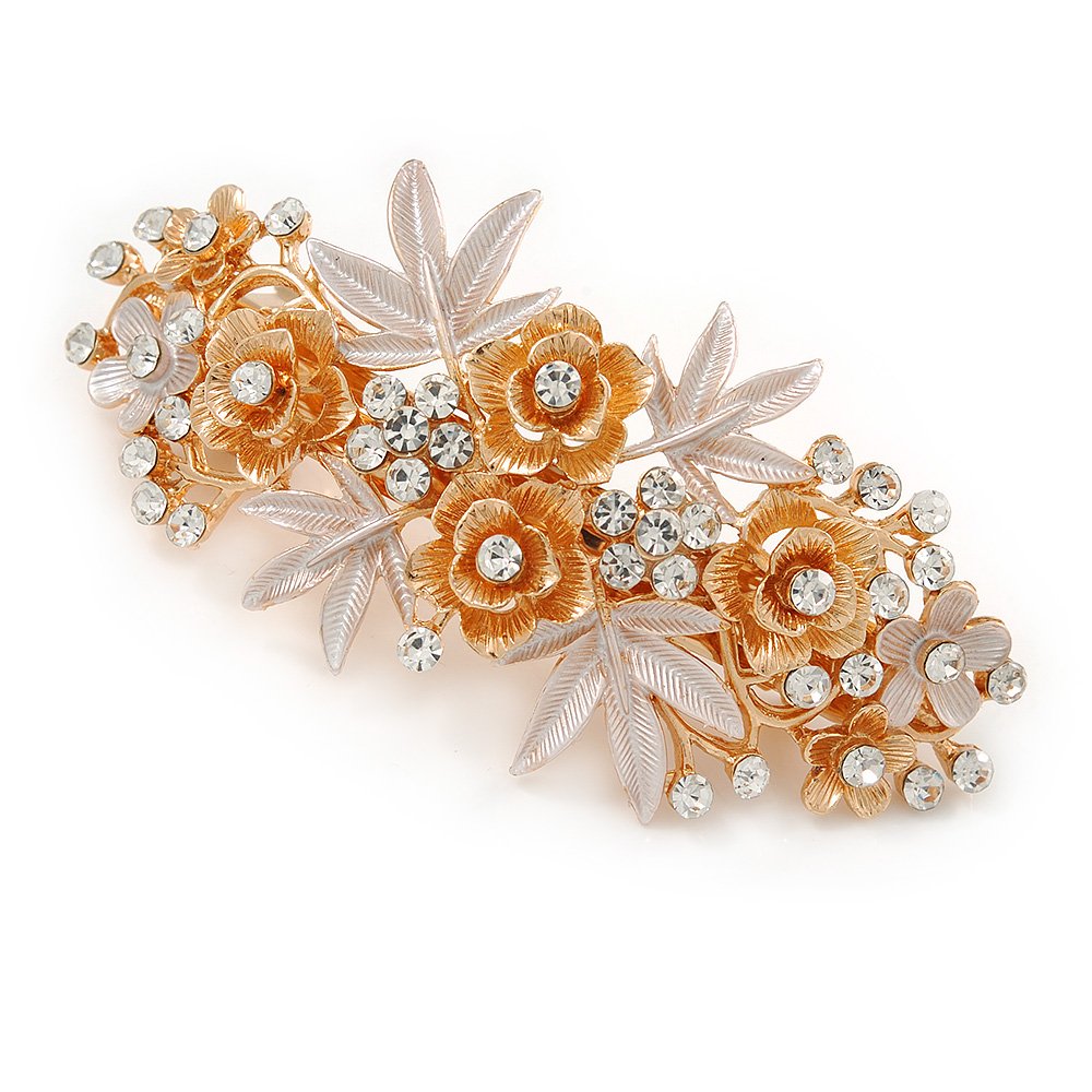 Large Two Tone Diamante Rose & Daisy Floral Barrette Hair Clip Grip (Rose Gold/Matt Silver Tone) - 10cm Across