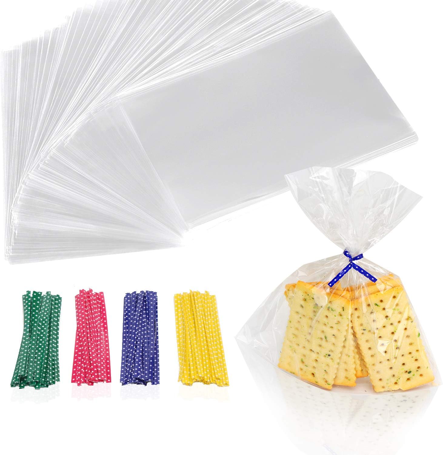 Cellophane Bags 300pcs, Beasea 7 x 9 Inches Treat Bags Cello Bags with 4 Mix Colors Twist Ties for Bakery Popcorn Cookies Candies Dessert