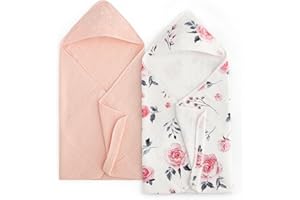 david's kids 2 Pack Hooded Baby Towels, Large 32"x32", 6 Layer 100% Muslin Cotton Absorbent Girl Bath Towel for Newborn, Infant and Toddler. Soft and Breathable Baby Essentials, Pink Floral&Rose