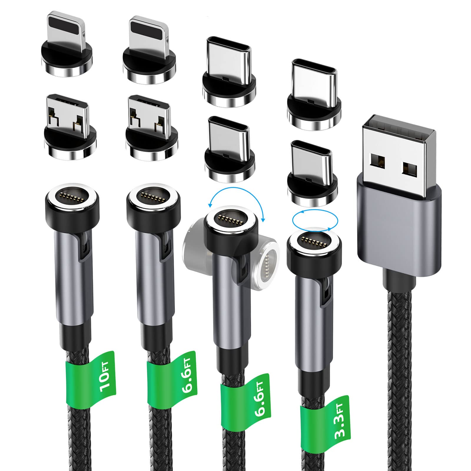GUUGEI Magnetic Charging Cable 4-Pack (3ft/6ft/6ft/10ft), 3 in 1 Nylon Braided Magnetic USB Phone Charger Cable
