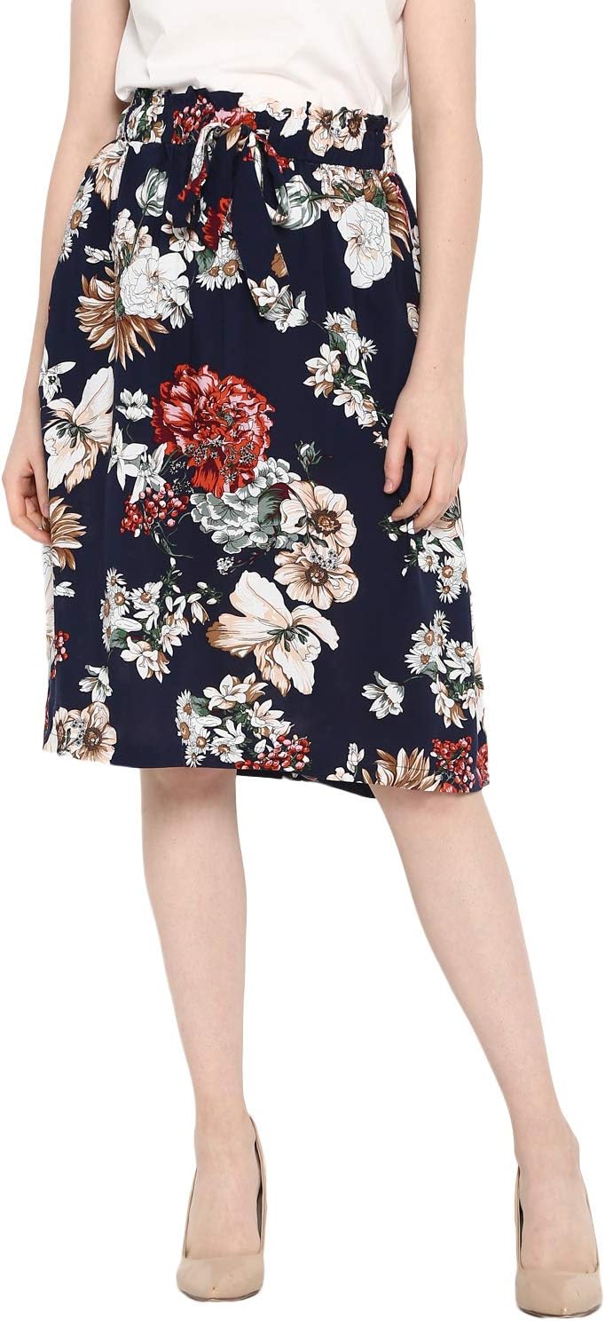 Womens Regular Fit Printed Knee Length Viscose Woven Flare Skirt (20801580) - Navy