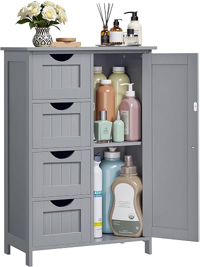 VASAGLE Bathroom Floor Storage Cabinet 4 Drawers 1 Door Mystic Grey LHC041P36