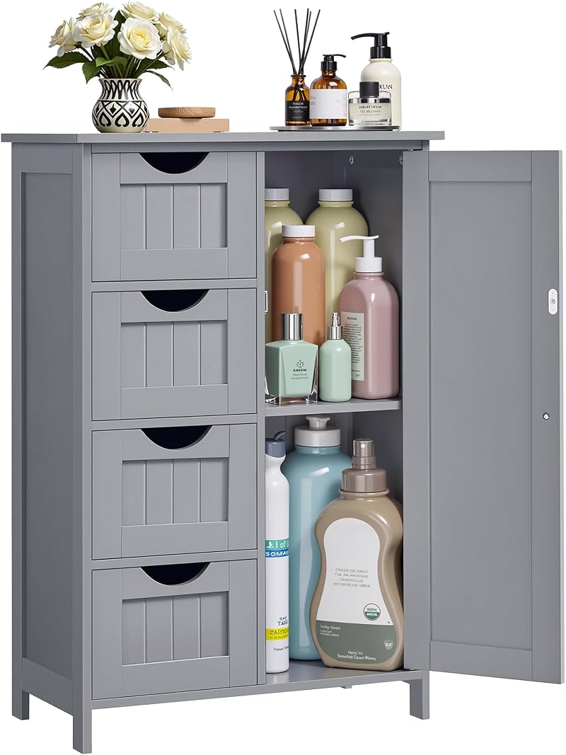 VASAGLE Bathroom Floor Storage Cabinet 4 Drawers 1 Door Mystic Grey LHC041P36