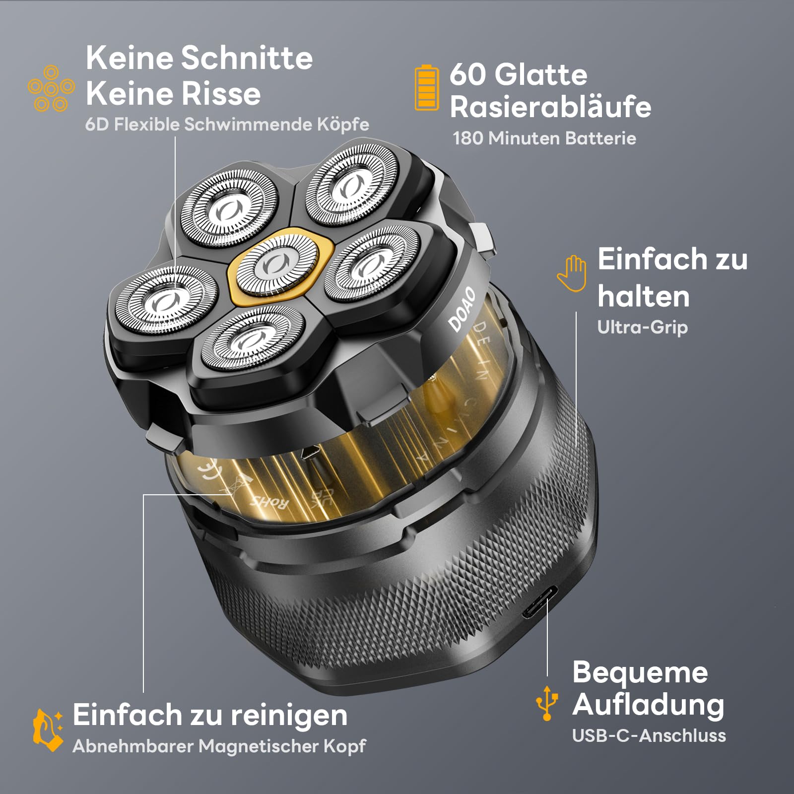 Glatzen Rasierer Herren, 180 Min Akku & flexibler 360grad-Scherkopf, Magnetische Leicht zu Reinigen, Beruhigt nach der Rasur, ohne Schnittgefahr und Hautirritationen, Shaver auch für Bart 4