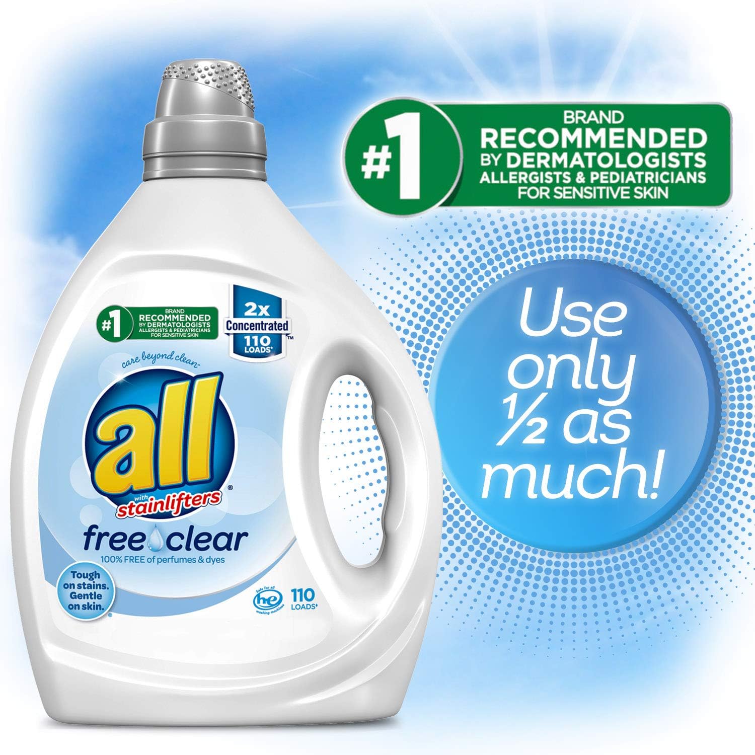 All Liquid Laundry Detergent, Free Clear for Sensitive Skin, 2X Concentrated, 110 Loads: Health & Personal Care