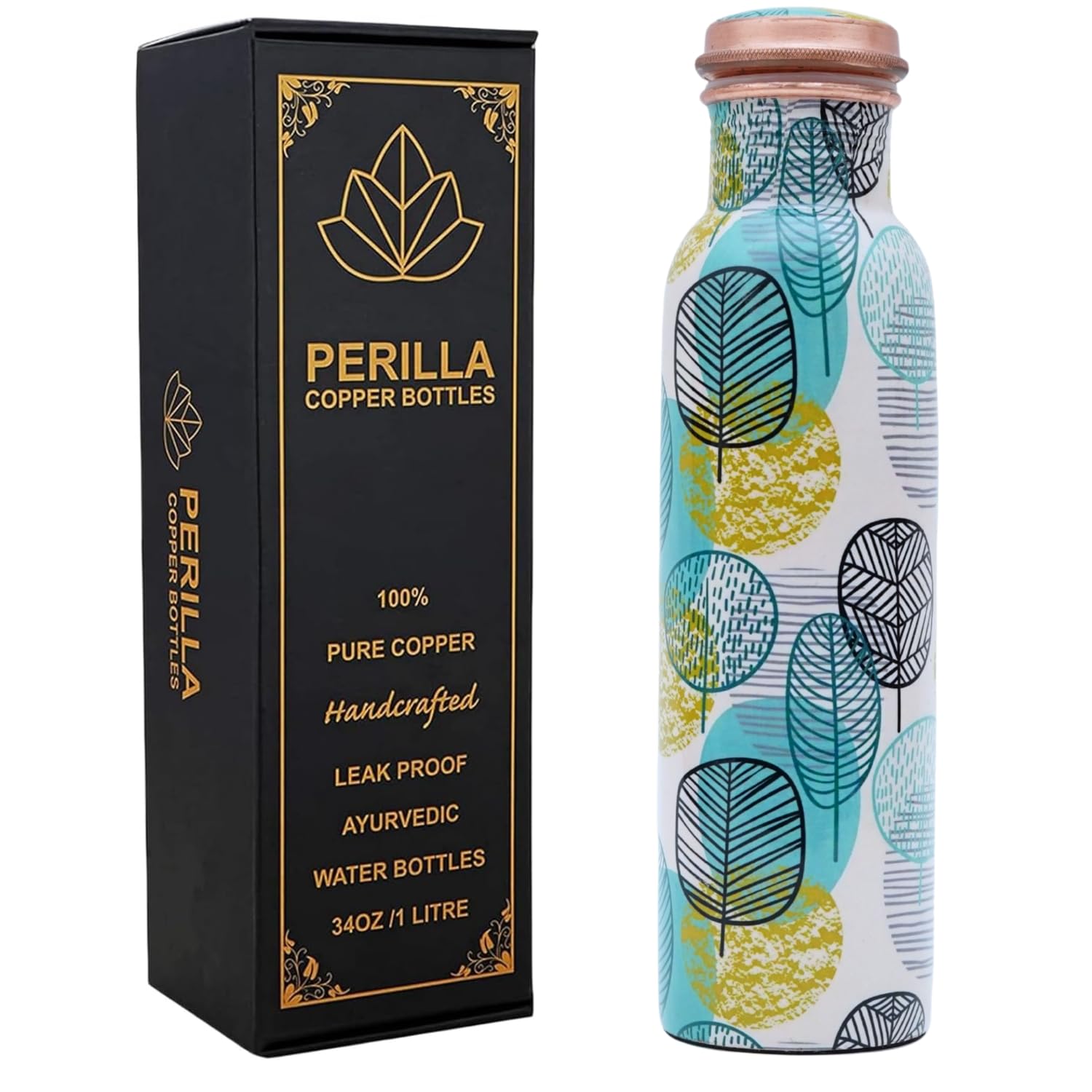 Copper Water Bottle 34 Oz Leak Proof 100% Pure - An Ayurvedic Copper Vessel - Drink More Water And Enjoy The Health Benefits Immediately/Yoga Bottle (Printed 4)