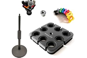 Simplurfi Multi Microphone Holder with desktop Mic Stand - Square Tray Attachment holds up to 8 mics On Stage Organizer and Display - 8 Anti-roll Rings Included