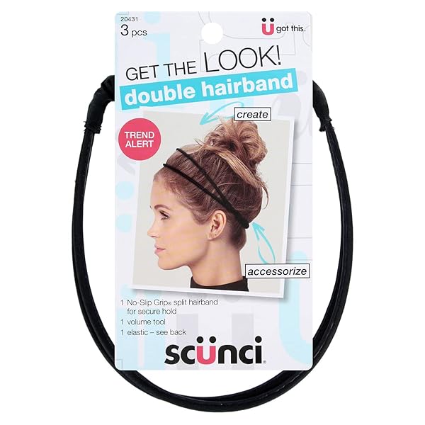 SCUNCI DOUBLE HAIRBAND TREND ALERT NO SLIP GRIPE SPIT HEADBAND, ELASTIC AND VOLUME TOOL, 0.8 OUNCE