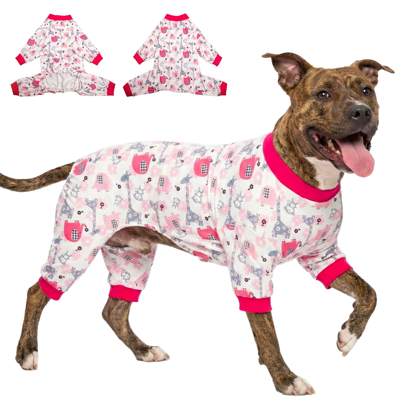Photo 1 of LovinPet Boxer Large Dog Onesies, Pet Anxiety Relief, Anti Licking, Post Surgery Recovery Clothe, Lightweight Stretch Fabric, Jungle Dreams Fuchsia Print, Large Dog Jammies, Big Breed Pet PJ's /2XL