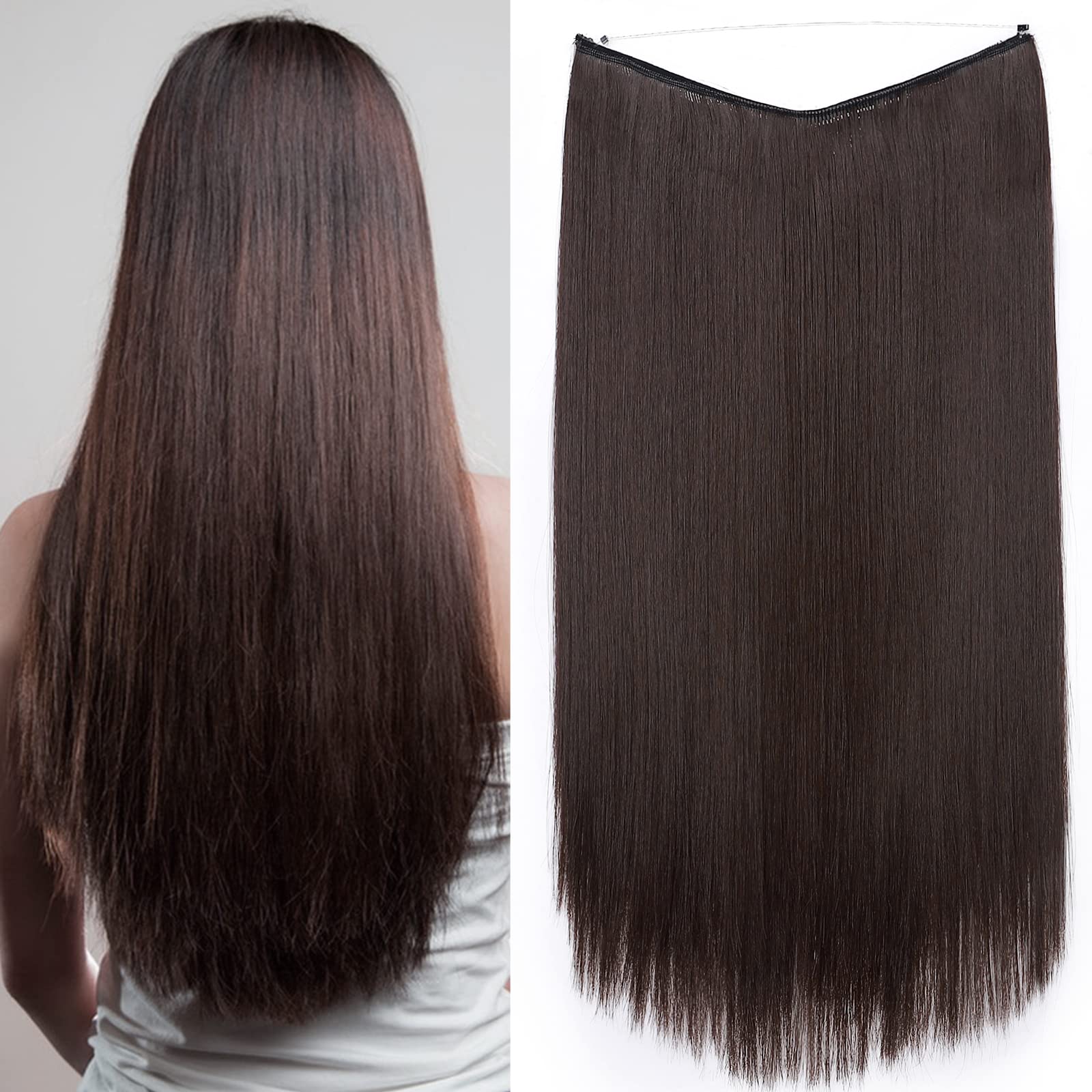 Secret Headband Wire in Natural Hair Extensions Rubber Band Straight Curly Wavy Hairpieces Brown Blonde Ombre for Women 16" Straight - Medium Brown