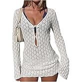 MakeMeChic Women's Summer Crochet Mini Dress Long Sleeve Swimsuit Beach Cover Up
