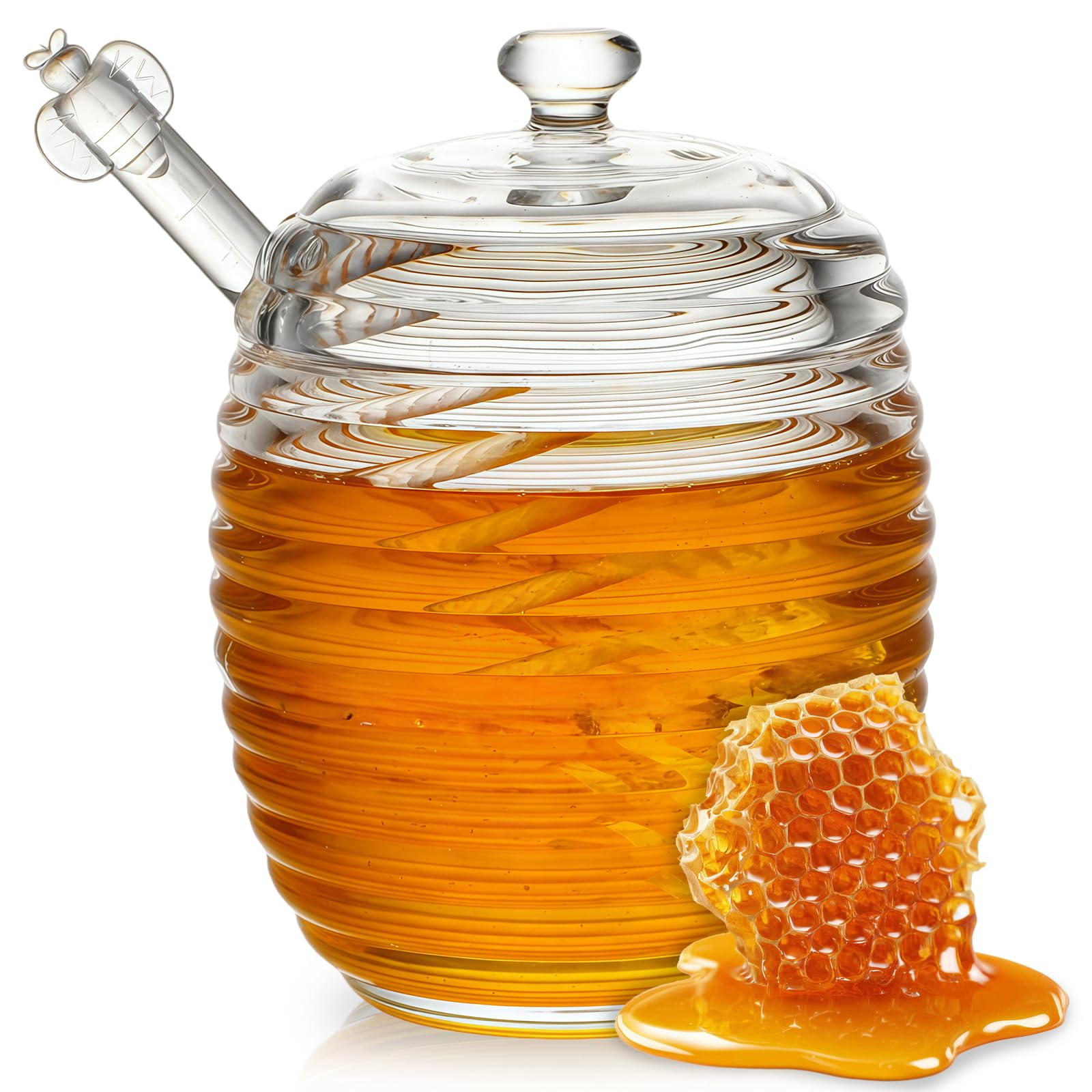 MEETOZ Glass Honey Pot, Equipped with Glass Honey Stick, Honey Pot Glasss Holder Dispenser, For home kitchens