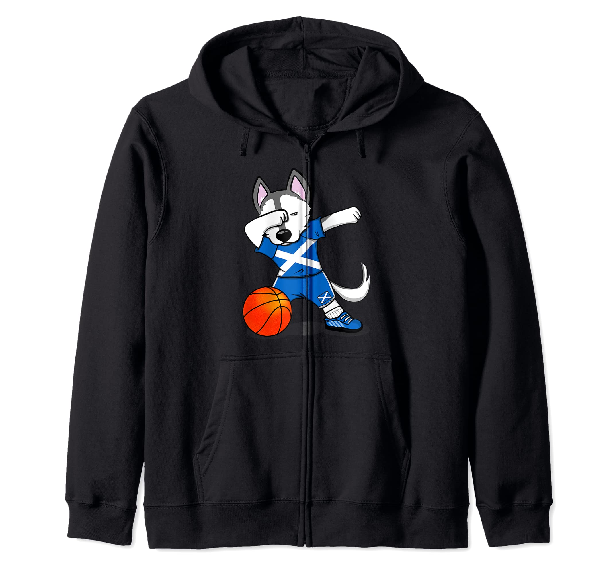 Dabbing Husky Scotland Basketball Fans Jersey Scottish Flag Zip Hoodie