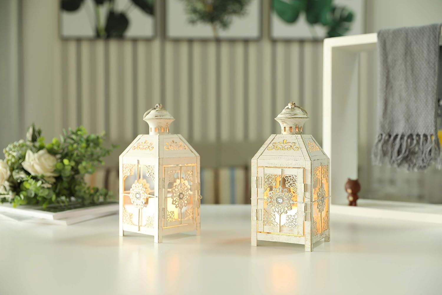JHY DESIGN Set of 2 Decorative Candle Lantern 9.5" High Metal Candle Lantern Vintage Style Hanging Lantern for Wedding Parties Indoor Outdoor(White with Gold Brush): Kitchen & Dining