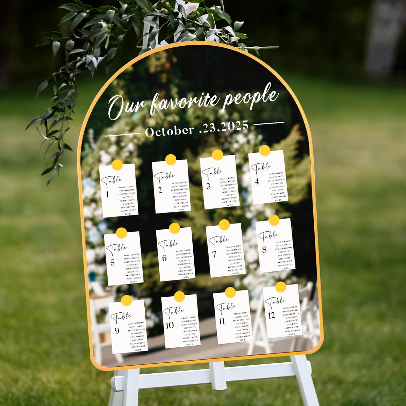 Photo 1 of Colingmill 24 x 18 Inch DIY Wedding Seating Chart Mirror with Mirror Decal Sticker Wedding Reception Display Chart Board Our Favorite People Find Your Seat Date Signs for Marriage Decor(Gold)