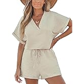 CUPSHE Women's Romper Knit V Neck Short Sleeves Drawstring Waist Straight leg Outfit Casual Dressy