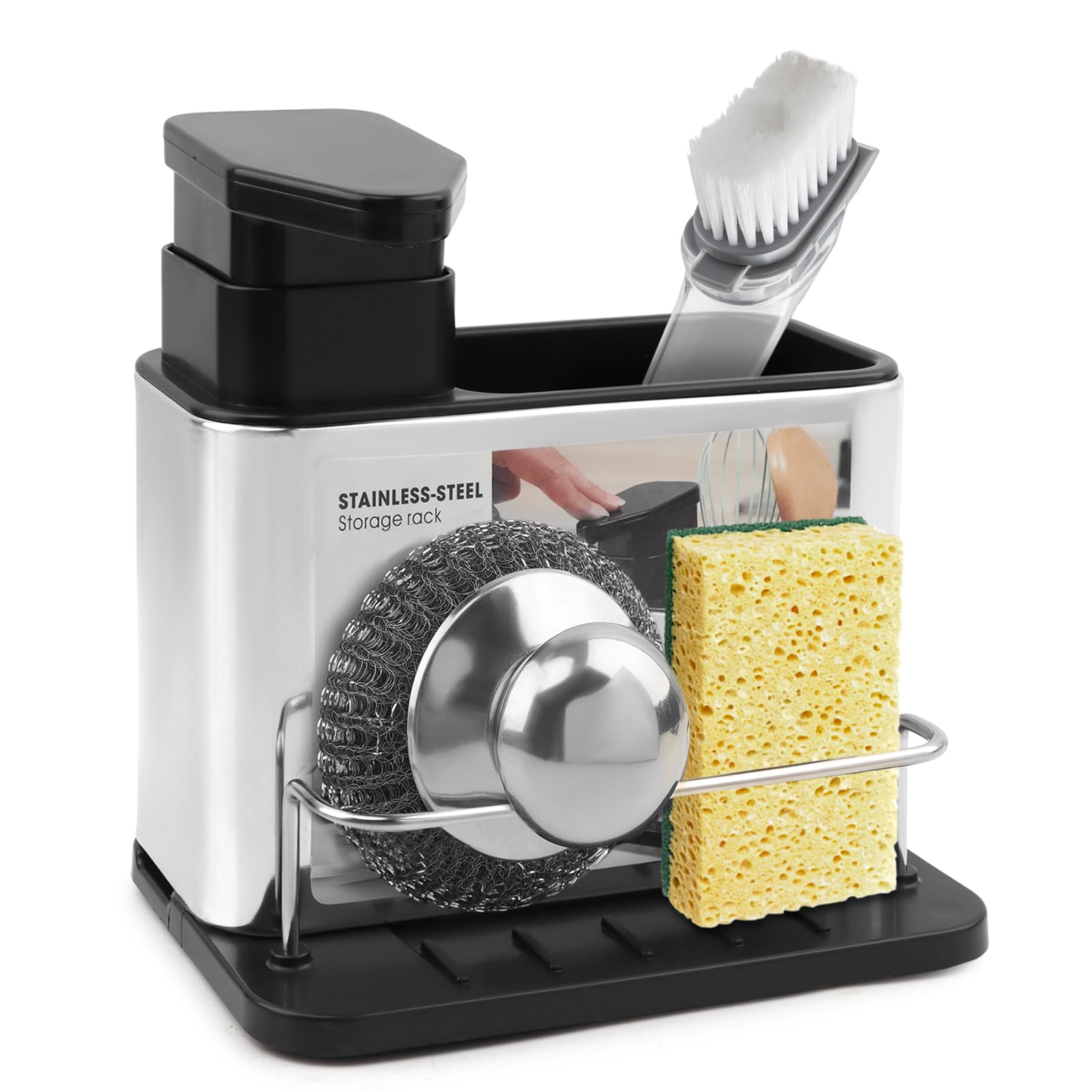 Photo 1 of 3-in-1 Dish Soap Dispenser, Sponge Holder for Kitchen Sink Caddy, Organizer Dish Soap Dispenser with Cleaning Brush and Tray Drainer Rack Countertop