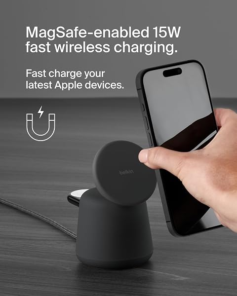 BELKIN 2-IN-1 MAGSAFE WIRELESS CHARGING DOCK 15W FAST CHARGE IPHONE CHARGER COMPATIBLE WITH IPHONE 17, 16, 15, AND 14 SERIES, AIRPODS, PIXEL 10, AND OTHER MAGSAFE ENABLED DEVICES, PSU INCLUDED – BLACK