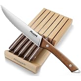 Huusk Steak Knives Set of 6 with Wood Block, Serrated &amp; Straight Dual-Edge | Drawer Organizer Included,Wood Full Tang Handle, Japanese Stainless Steel, Steaks Knives with Holder, Homewarming Gift Idea