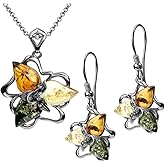 Ian and Valeri Co. Multicolor Amber Sterling Silver Flower Earrings Pendant Necklace Set Chain 18 Inches