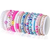 KINBOM 16 Pieces Bohemian Bracelet, Handmade Rainbow Bracelets Preppy Boho Disc Bracelet Stretch Heishi Beads for Women Summer Beach Jewelry