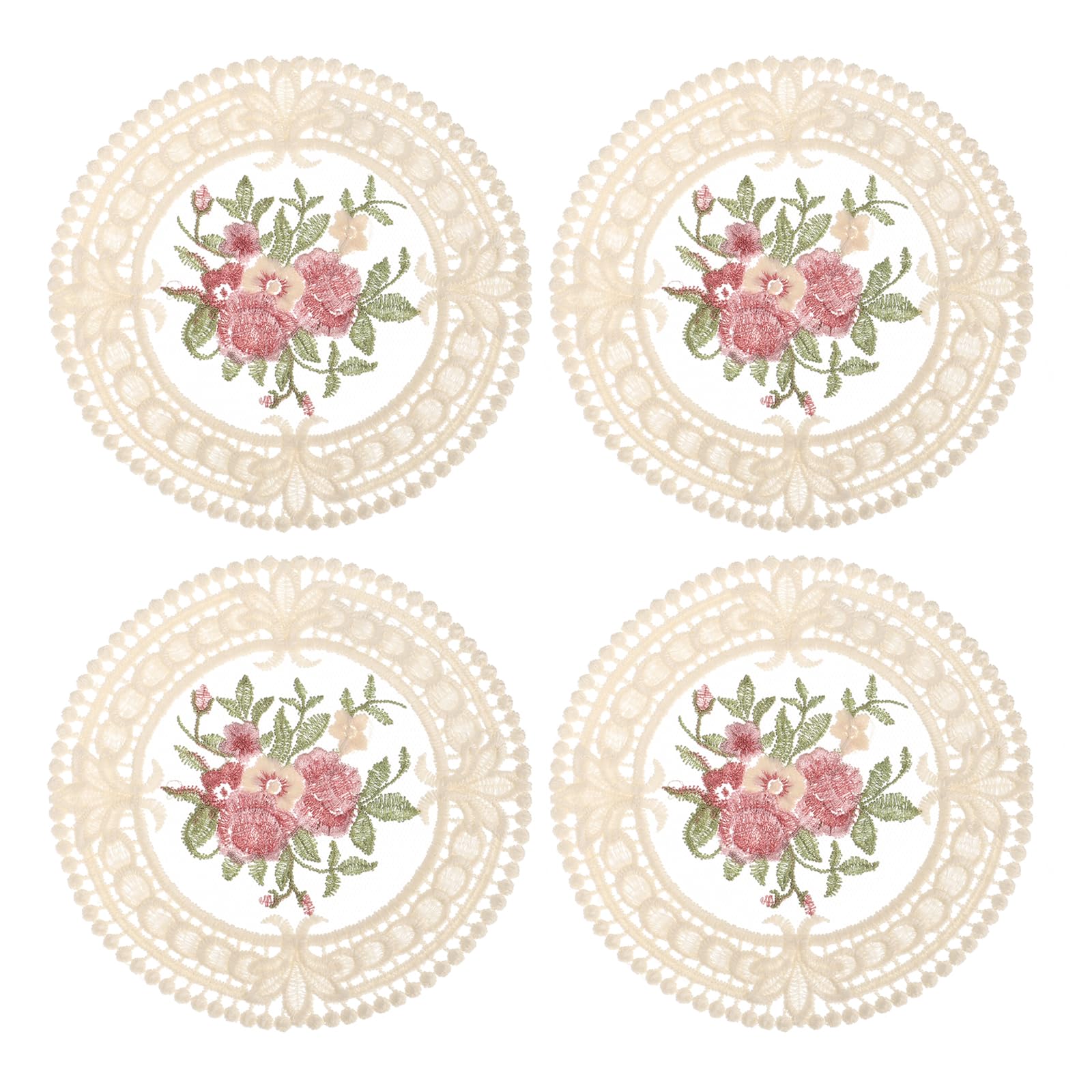uxcell Fabric Coasters, 4pcs 4.7" - Polyester Crochet Coasters, Round Lace Embroidery Cup Mat with Floral Pattern for Wedding Party Decoration (Beige)