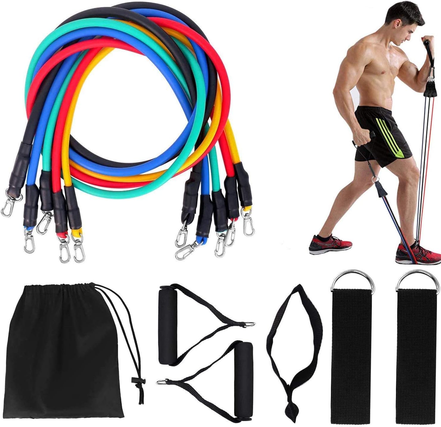 Cheekbonny Exercise Resistance Bands Set [Upgraded Version] 11pc Workout Fitness Set Yoga Crossfit Pilates Physio Home Gym Equipment Full Body for Men Women