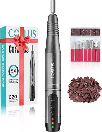 COSLUS C20 Cordless Nail Drill Electric File 6 Bits 31 Bands Gray