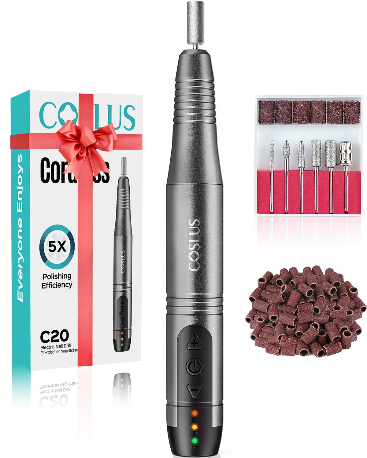 COSLUS C20 Nail Drill Electric Nail Files, Cordless Manicure and Pedicure Set, Adjustable Speed Professional E File for Acrylic Gel Nails, Cuticles, Hard Skin, 6 Nail Drill Bits (Gray)
