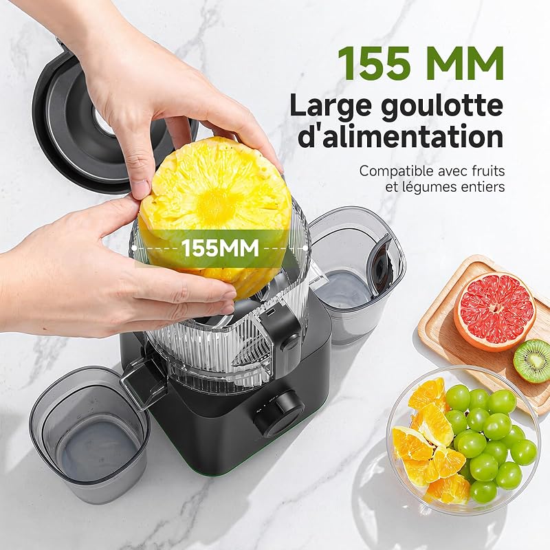 Extracteur de Jus, Fruits Entiers 155mm Large Goulotte, Extraction à Froid Haut Rendement, Facile à Nettoyer, 2,5L Séparateur, Jus du Matin, Petit Déjeuner Sain