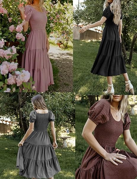 RNTMR SUMMER BOHO SMOCKED MIDI DRESSES FOR WOMEN 2023 CASUAL PUFF SHORT SLEEVE CREW NECK A LINE TIERED GRADUATION DRESS BLACK