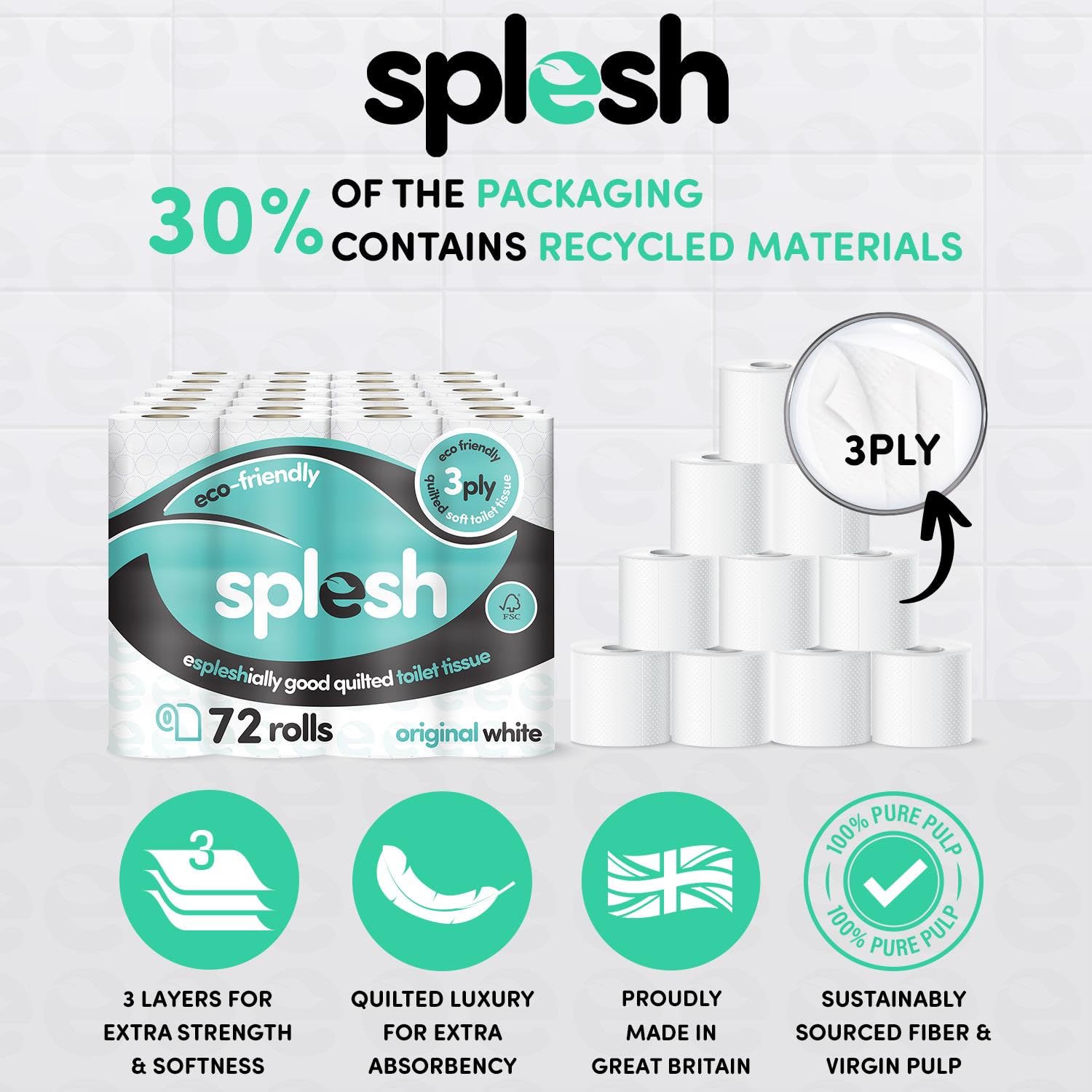 Splesh by Cusheen 3-ply Toilet Roll - Unscented (72 Pack) Soft, Quilted Bulk Toilet Rolls, Toilet Tissue and Loo Rolls – Eco-Friendly Toilet Paper Sustainably Crafted in The UK