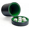 Luck Lab Black Leather Dice Cup with Lid Including 6 Matching Pearl Dice - Green Velvet Interior for Quiet Shaking - Use for Liars Dice Farkle Yahtzee Board Games