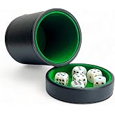 Luck Lab Black Leather Dice Cup w/Lid &amp; 6 Matching Pearl Dice for Yahtzee | Dice Shaker for Farkle, Liars Dice &amp; Board Games; Green Velvet-Lined Interior for Quiet Shaking