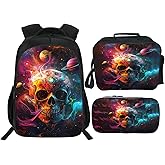 Snapjet Skull Backpack 3PCS 16" Preschool Elementary Schoolbag with Lunch Box Pencil Case Bookbag Set for Girls Boys Kids Children Teens School Students