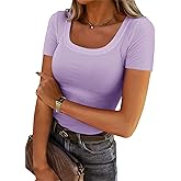 Chulianyouhuo Women's Short Sleeve Scoop Neck Ribbed Knit Fitted Casual Tops Tee Summer Slim Basic Shirts