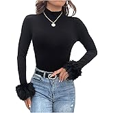 SOLY HUX Women's Fuzzy Mock Neck T Shirt Long Sleeve Fitted Ribbed Knit Tee Tops