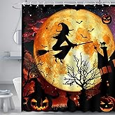Mocsicka Halloween Shower Curtain Flying Witch Halloween Castle Bathroom Curtain Horror Orange Night Moon Polyester Fabric Shower Curtain Set 72x72 Inch with 12 Hooks