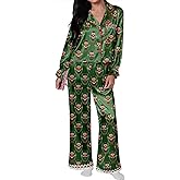 Leyajedol Women Christmas Lounge Pajama Set Satin Long Sleeve Button Down Shirt Pants Set 2 Piece Santa Print Pjs Outfits