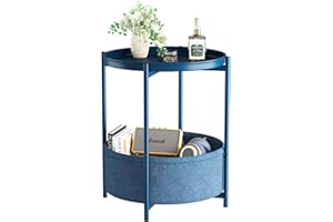 Garden 4 you Side Table with Fabric Storage Basket, Round Metal End Table, Small Bedside Table Nightstand with Removable Tray, for Nursery, Living Room, Bedroom, Bathroom, Blue