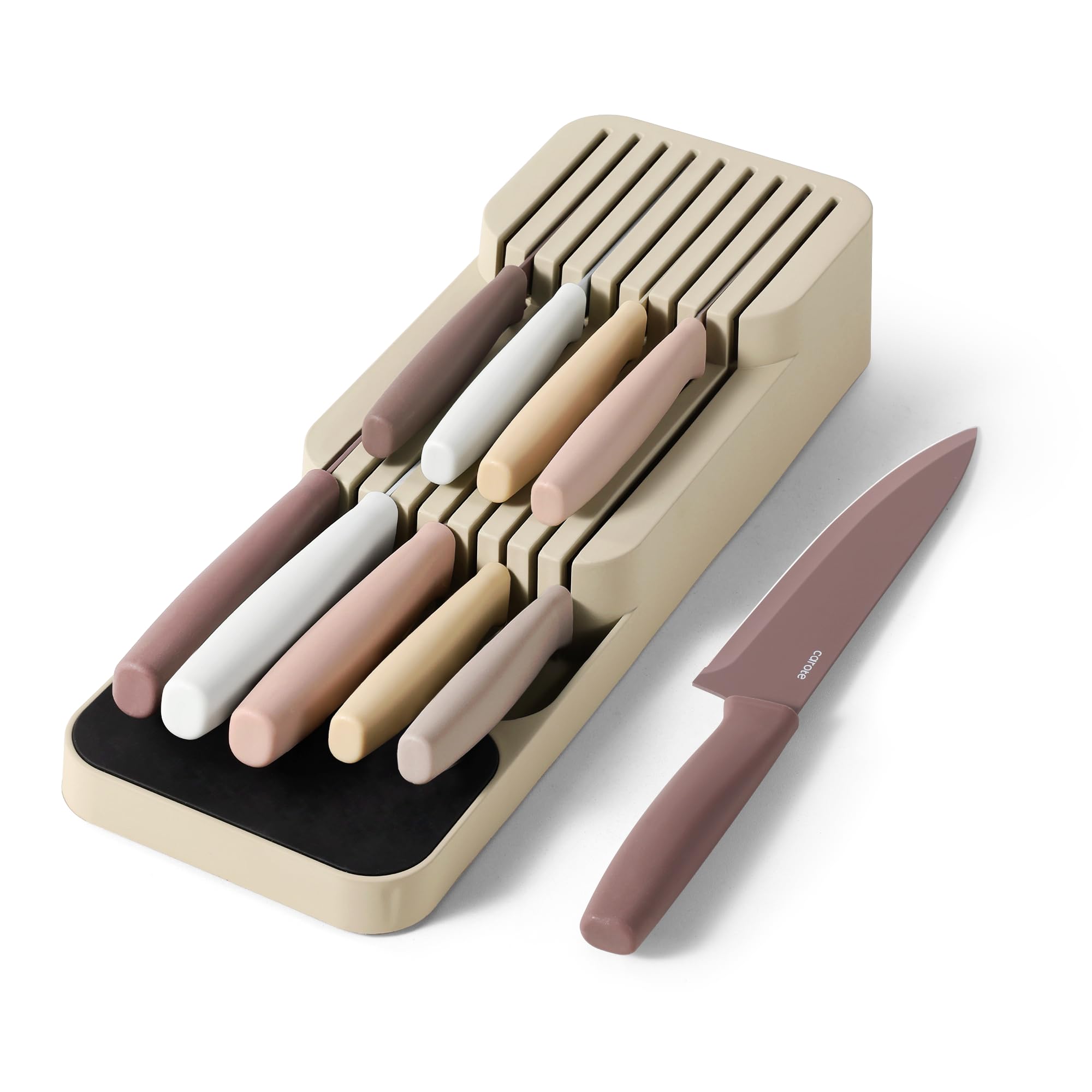 Photo 1 of *** ONLY 9****    CAROTE 10Pcs Kitchen Knife Set, Dishwasher Safe knife set with In-Drawer Knife Block, Drawer Knife Set with Razor-Sharp Blades, 4 Steak Knives, Pink & Khaki