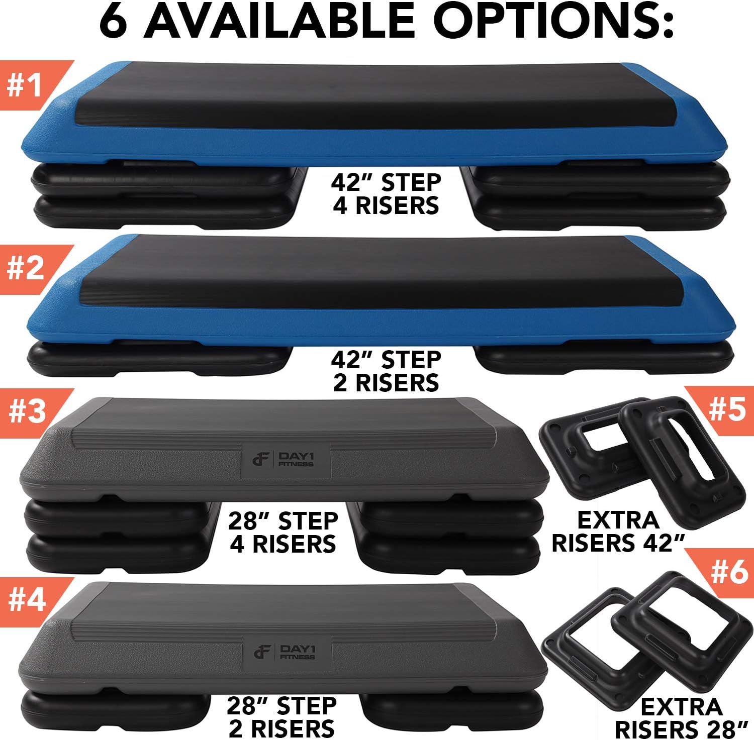 Aerobic Exercise Step Platform by Day 1 Fitness – 6 OPTIONS - 28in CIRCUIT SIZE STEP or 42in HEALTH CLUB SIZE with 2 or 4 RISERS, or ADDITIONAL RISERS - Non-Slip and Shock Absorbing Surface