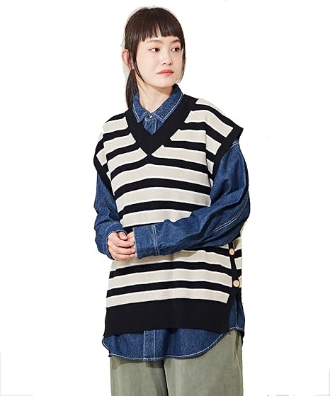 Amazon Cube Sugar キューブシュガー 綿ニット ボーダー Vネック ベスト レディース Mサイズ ナチュラル ブラック ベスト 通販
