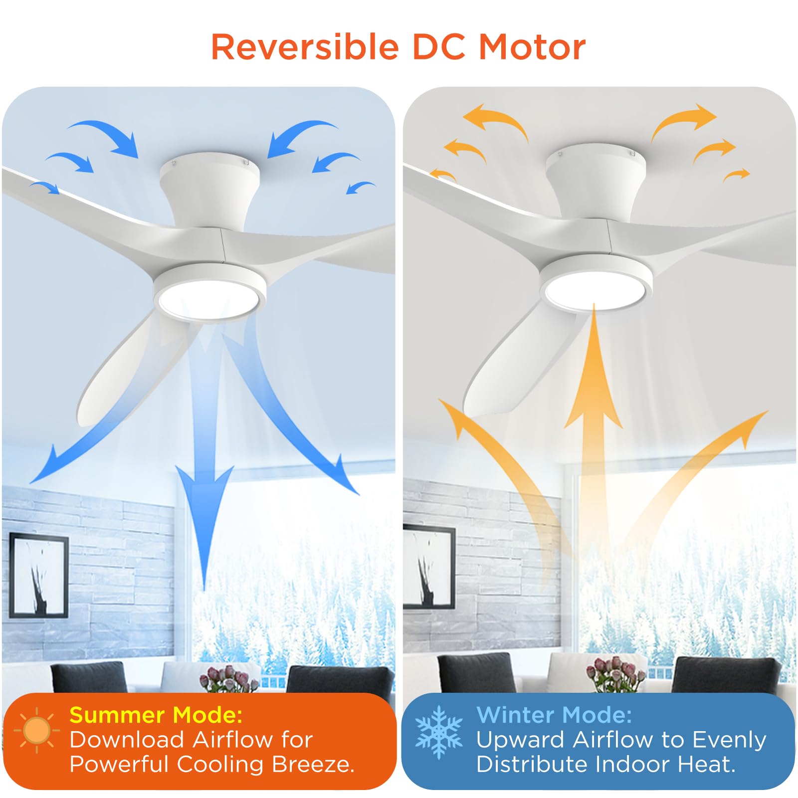 TALOYA 52 inch Ceiling Fans with Lights Remote Control, Modern Low Profile Ceiling Fan with Quiet Reversible DC Motor for Bedroom Living Room and Patio White