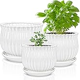 Yesland Ceramic Flower Plant Pots with Saucer, Set of 3 in Different Sizes, Modern Round Ceramic Succulent Planter Pots with White Stripe Texture for Garden