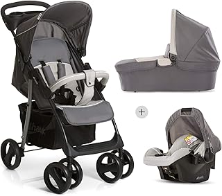 Hauck Shopper SLX Trio Set 3 in 1 Kinderwagen bis 25 kg + Babyschale + Babywanne mit Matratze ab Geburt, Buggy mit Liegefunktion, Getränkehalter, leicht, klein faltbar, stone grey (grau)